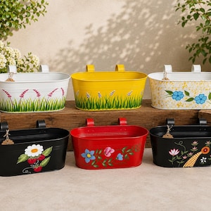 Large Hand Painted Metal Balcony Railing Planters with Hooks | Unbreakable Decorative Colorful Flower Pots