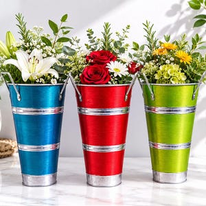 Può includere: Tre secchielli per fiori conici in metallo blu, rosso e verde lime, ciascuno dotato di due manici in metallo argentato e fasce orizzontali argentate. I secchielli sono riempiti con fiori freschi assortiti, tra cui gigli bianchi, rose rosse e margherite.