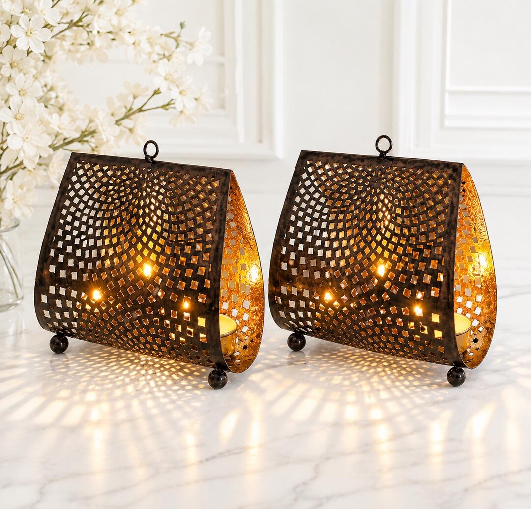 Set of 2 Rustic Metal Lanterns, Gold Interior Votive Candle Holders ...