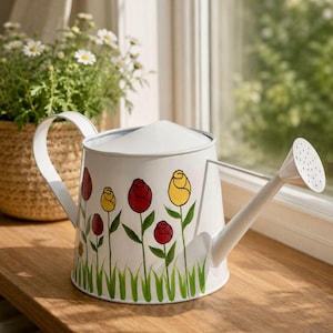 Può includere: Annaffiatoio in metallo bianco con manico curvo e lungo beccuccio. L'annaffiatoio è decorato con illustrazioni di rose rosse e gialle ed erba verde. L'annaffiatoio è appoggiato su una superficie di legno.