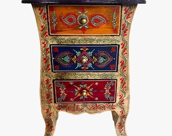 Mesa de cabeceira de madeira com relevo pintado à mão – Cômoda em estilo vitoriano