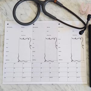 May include: A medical-themed still life featuring a stethoscope, a planner, pens, and a paper with a calendar and lined sections. The pens are pink and beige. The stethoscope is gray. The planner is black. The paper has a calendar grid.