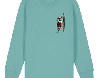 White-backed Woodpecker Kids Sweatshirt in Light Green Color | Organic Cotton Forest Bird | Eco Wildlife Clothing