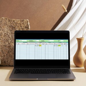 May include: A laptop displaying a spreadsheet with blue and green highlighted cells. The laptop is open on a light-colored surface, with a decorative stone and two small vases in the background. Dried plants are in the vases.