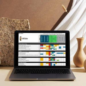May include: A laptop displays a detailed RACI matrix, a project management tool, with color-coded cells and text. The screen is open on a desk with decorative vases and a textured stone. The text "PMTales" is visible.