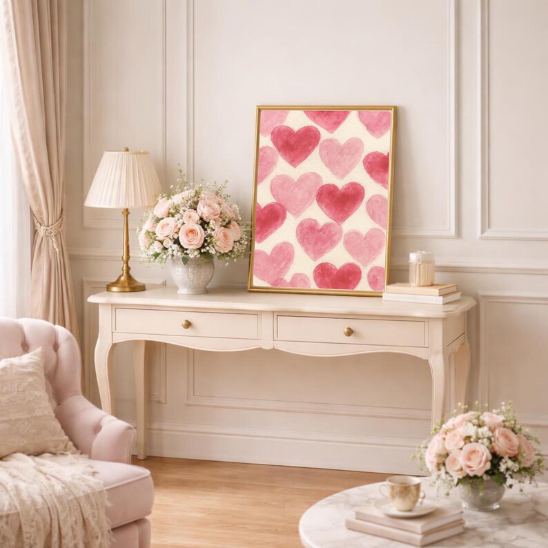 May include: A framed art print featuring a pattern of watercolor hearts in shades of pink and red. The artwork is displayed on a cream-colored background, set in a gold frame. The print is placed on a white console table with a lamp and flowers.