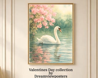 Pastel Swan Watercolor Print | Romantic Lake Wall Art | Pink Blossom Tree Poster | Vintage Aesthetic Decor | Fairytale Art |Digital Download