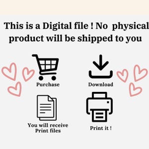 May include: Digital file announcement with a shopping cart, download icon, document, and printer icons. Text reads "This is a Digital file! No physical product will be shipped to you." Pink heart illustrations are scattered around the icons.