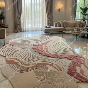 May include: An abstract area rug with a flowing, organic design. The rug features a blend of soft colors, including beige, pink, and light green, with a textured, carved appearance. The rug is placed on a polished marble floor in a living room setting.