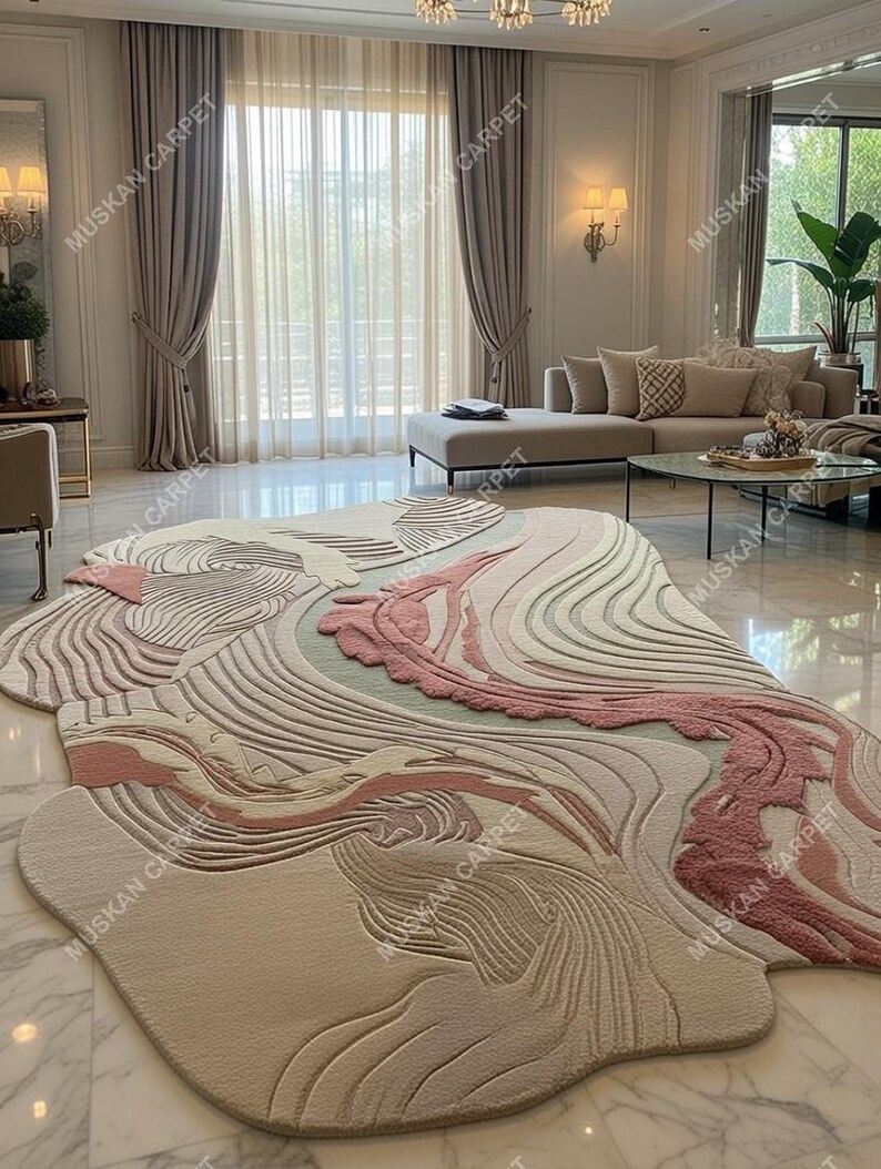 May include: An abstract area rug with a flowing, organic design. The rug features a blend of soft colors, including beige, pink, and light green, with a textured, carved appearance. The rug is placed on a polished marble floor in a living room setting.