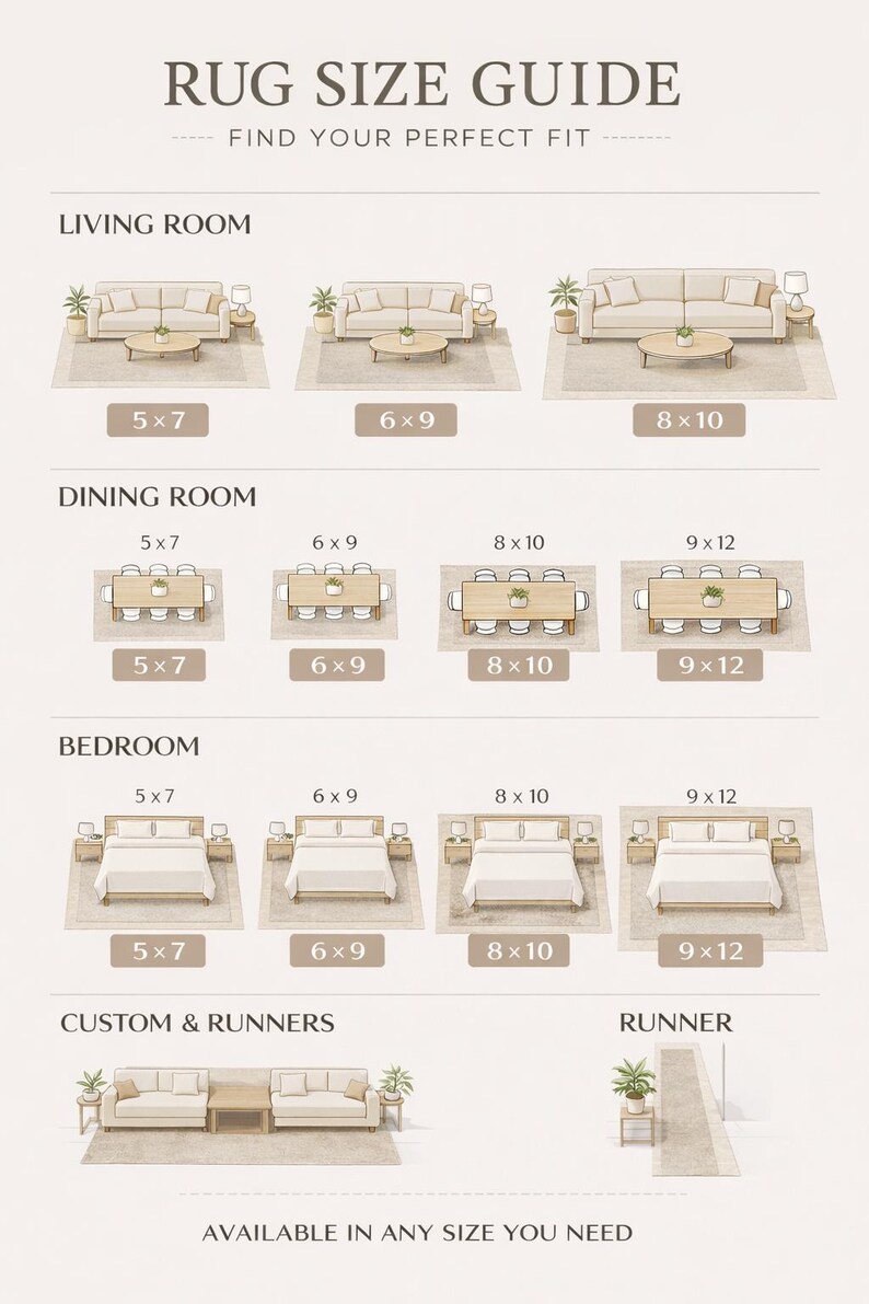 May include: A rug size guide with illustrations for living room, dining room, and bedroom layouts. The guide shows rug sizes like 5x7, 6x9, 8x10, and 9x12 feet, along with custom and runner options. Text reads "RUG SIZE GUIDE - FIND YOUR PERFECT FIT."