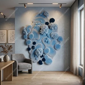 Abstract Blue Tufted Wall Rug, Sculptural New Zealand Wool Textile Art