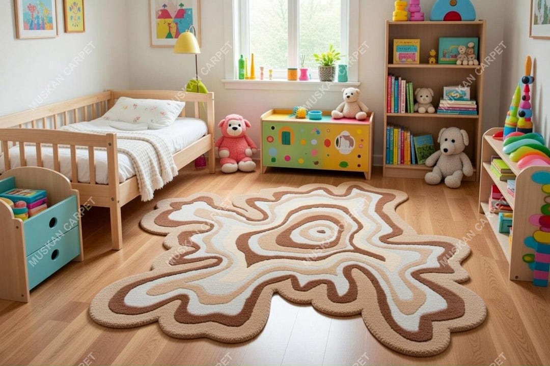 Hand Tufted Neutral Kids Rug, Irregular Topographic Wool Area Rug ...