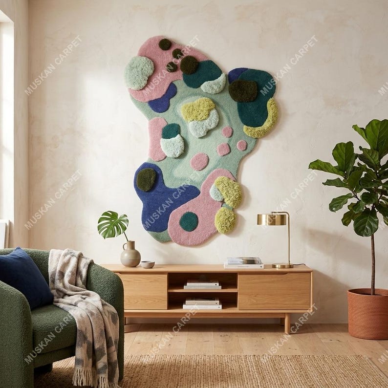 May include: Abstract wall art rug in a unique shape, featuring a mix of colors including pink, blue, green, and yellow. The rug is mounted on a neutral-colored wall, creating a focal point in a modern living space. The rug is labeled with the text "MUSKAN CARPET".