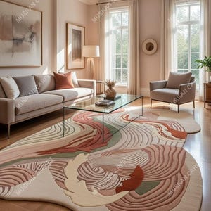 May include: A large, abstract area rug with a flowing, wave-like design in shades of beige, coral, and green. The rug is placed in a living room setting with a sofa, armchair, and glass coffee table. The room has large windows and neutral-toned walls.