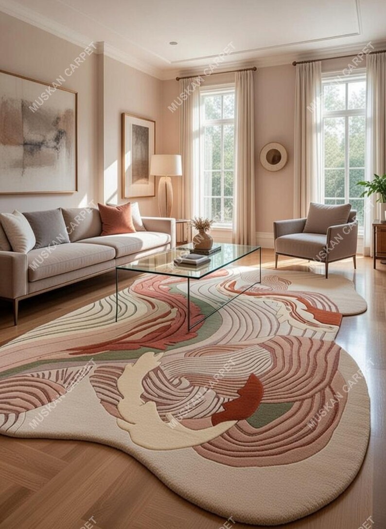 May include: A large, abstract area rug with a flowing, wave-like design in shades of beige, coral, and green. The rug is placed in a living room setting with a sofa, armchair, and glass coffee table. The room has large windows and neutral-toned walls.