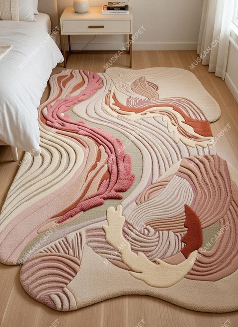 May include: Abstract area rug with a flowing, organic design in shades of pink, beige, and rust. The rug features a textured, raised pattern that creates a three-dimensional effect. The rug is placed on a hardwood floor.