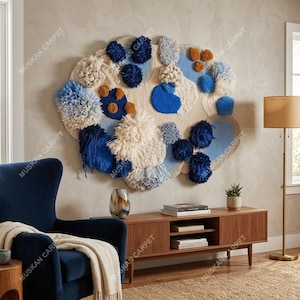 Hand-Tufted Wool Abstract Wall Rug, Sculptural Blue Textile Art, Organic Shapes Home Decor