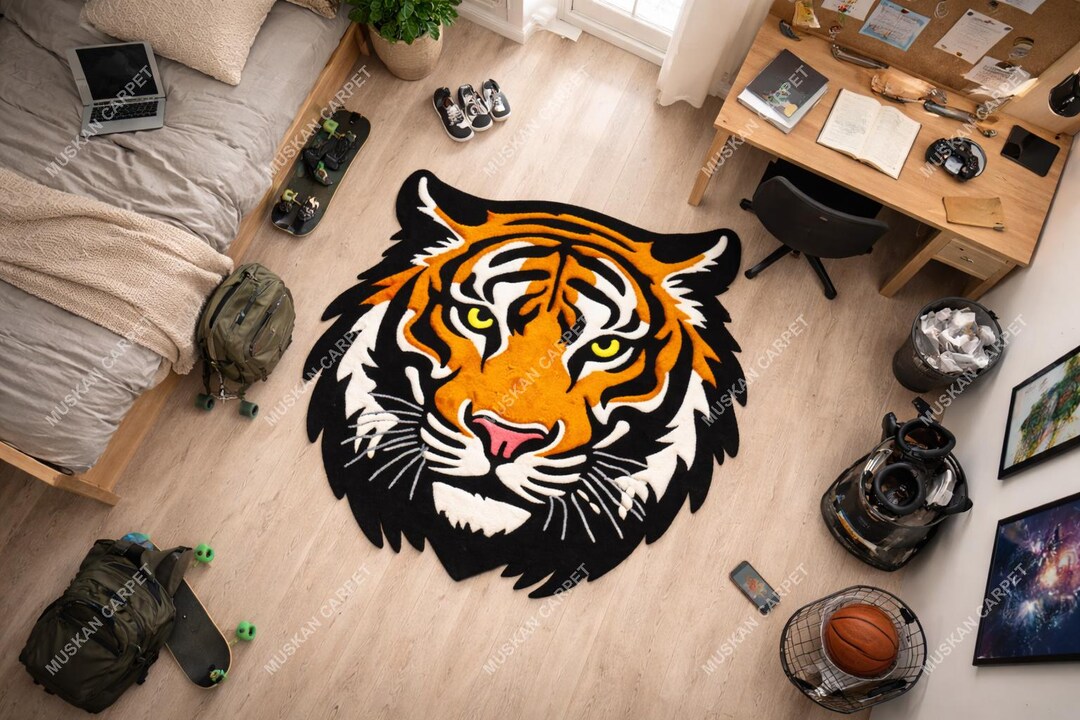 Hand Tufted Tiger Head Wool Rug | Bold Statement Animal Rug | Custom ...
