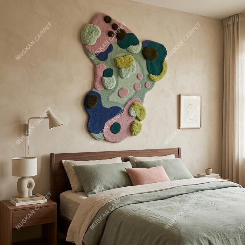May include: A large, abstract wall hanging rug with a colorful, irregular design. The rug features a mix of textures and colors, including pink, blue, green, and brown. The rug is mounted above a bed with green bedding and a wooden headboard. The brand name "MUSKAN CARPET" is printed on the image.