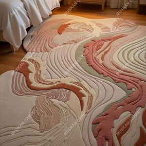 May include: A large, abstract area rug with a flowing, organic design. The rug features a palette of soft colors, including cream, pink, and muted orange, creating a sense of depth and movement. The design resembles a stylized landscape or water feature.