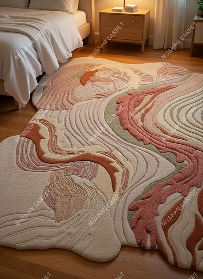 May include: A large, abstract area rug with a flowing, organic design. The rug features a palette of soft colors, including cream, pink, and muted orange, creating a sense of depth and movement. The design resembles a stylized landscape or water feature.