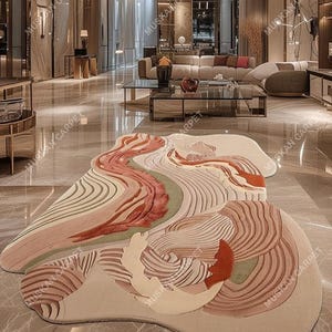 May include: A large, abstract area rug with a flowing, organic design. The rug features a palette of soft colors, including beige, peach, and muted greens, with textured patterns. The rug is placed in a modern, spacious living area.