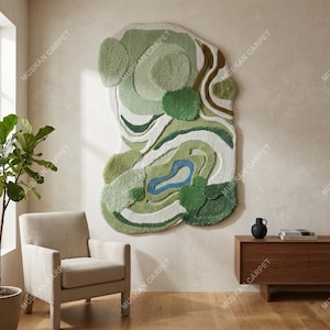 Hand-Tufted New Zealand Wool Abstract Landscape Wall Rug, Modern Organic Textile Art