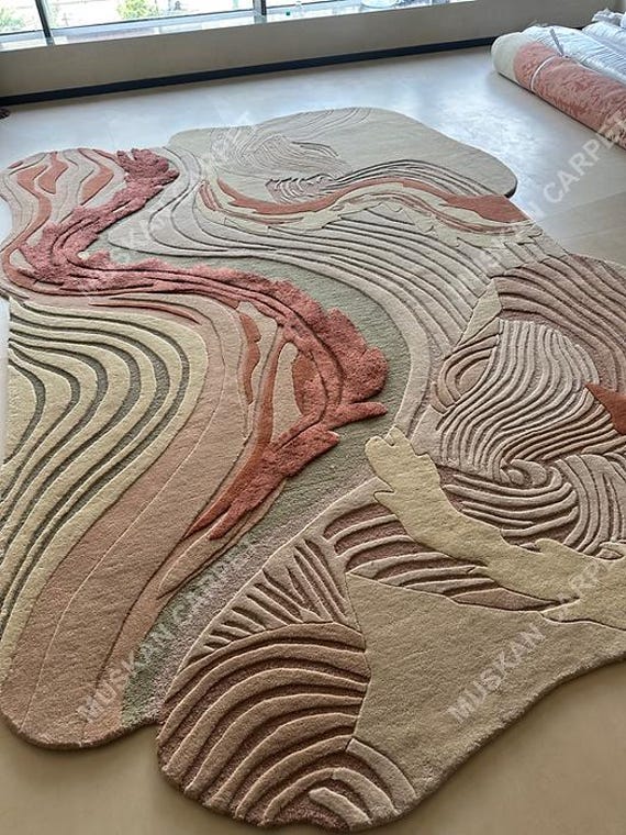 Hand Tufted Wool Rug, Abstract Sculptural Design, Terracotta & Sage