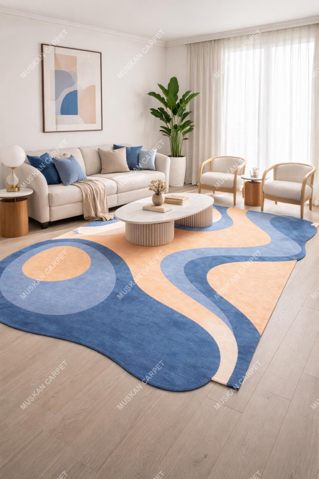 Peach Abstract Rug Abstract Hand Tufted Wool Rug | Blue Peach Modern Freeform Area Carpet ...
