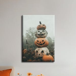 Halloween Pumpkin Tower Canvas, Spooky Stacked Jack O Lantern Print, Gothic Autumn Cottagecore Decor