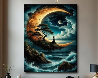 シュールな月と夜の海のキャンバスアート、夢のような天体の壁飾り、ファンタジーな海のポスター