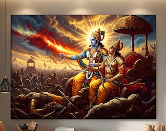 Krishna and Arjuna Bhagavad Gita Canvas Art Print, Hindu Mythology Mahabharata Painting, Wall Decor