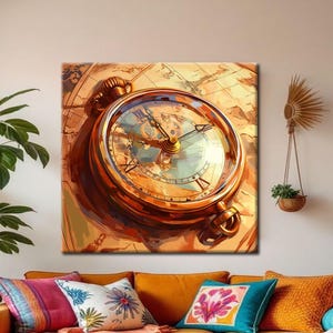 Könnte beinhalten: Ein großer Wandkunstdruck im Vintage-Stil mit einem detaillierten Taschenuhr-Design. Die Uhr hat einen bronzefarbenen Rahmen und ein hellblaues Zifferblatt mit römischen Ziffern. Der Hintergrund ist eine Karte in warmen, erdigen Tönen. Das Kunstwerk wird über einem gelben Sofa mit bunten Kissen gezeigt.