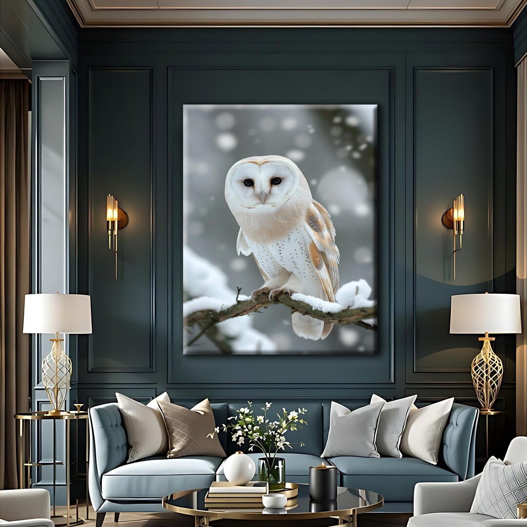 Barn Owl Canvas Wall Art, White Owl in Snow Winter Landscape, Wildlife ...