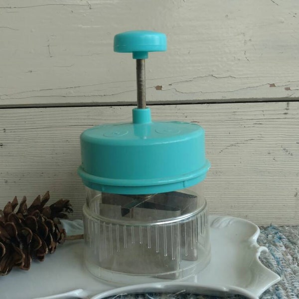 SALE Retro Turquoise Food Chopper - Antique Kitchen Supply + Tools, Mod Veggie Chopper, Vegetable Chopper, Cooking Aid, Food Prep Helpers