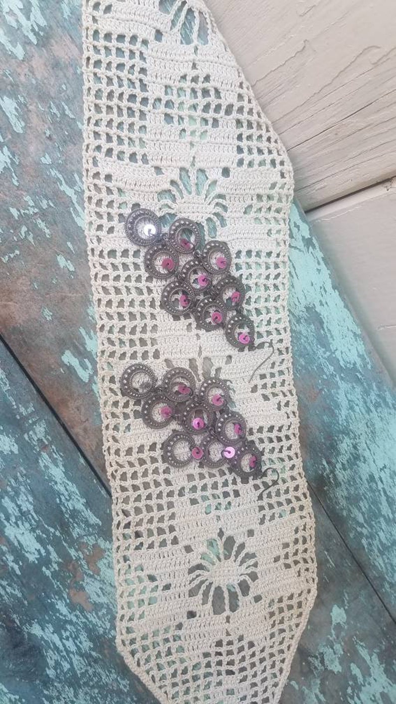 Vintage 90/'s Fashion Gunmetal Gray Purple Sequin Waterfall Earrings Long Statement Earrings Big Silver Gypsy Dangle Drop Earrings
