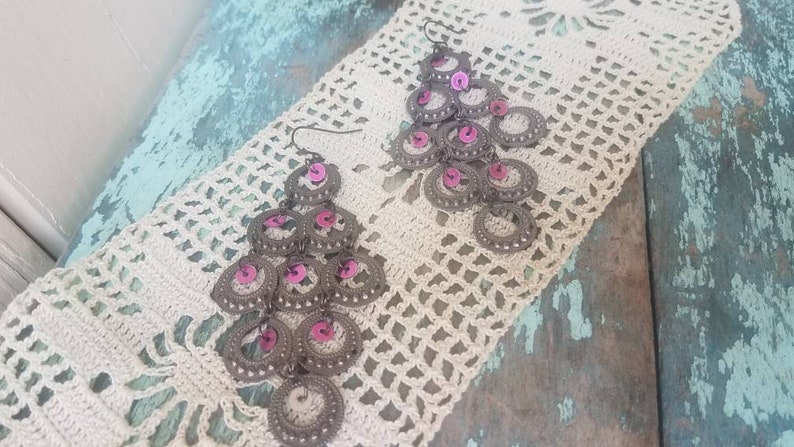 Vintage 90/'s Fashion Gunmetal Gray Purple Sequin Waterfall Earrings Long Statement Earrings Big Silver Gypsy Dangle Drop Earrings
