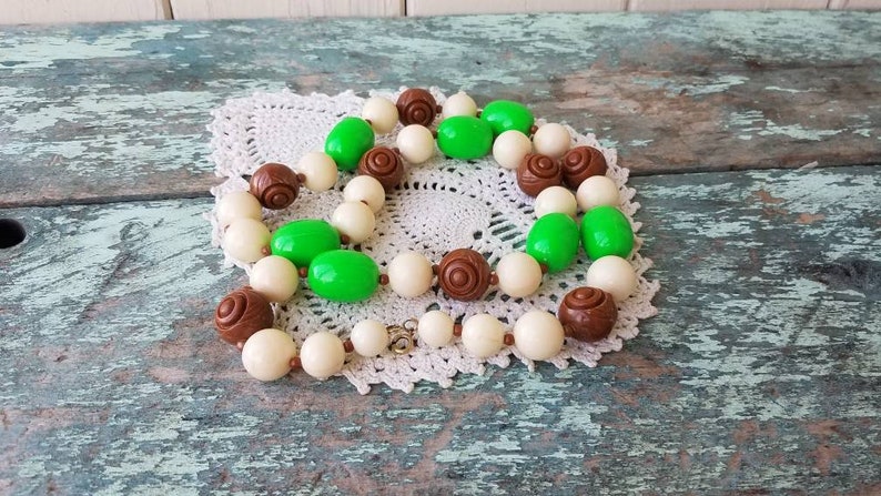 Beaded Long Vintage Fall Wedding Necklace Beaded Statement Necklace Chunky Green Brown Ivory Statement Necklace