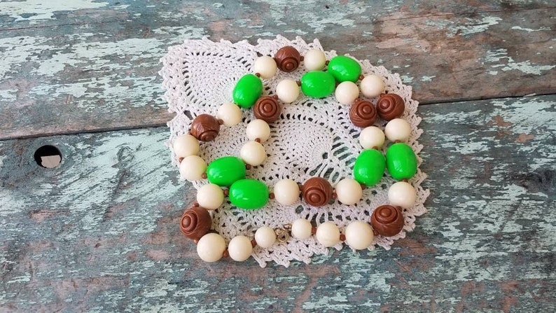 Beaded Long Vintage Fall Wedding Necklace Beaded Statement Necklace Chunky Green Brown Ivory Statement Necklace