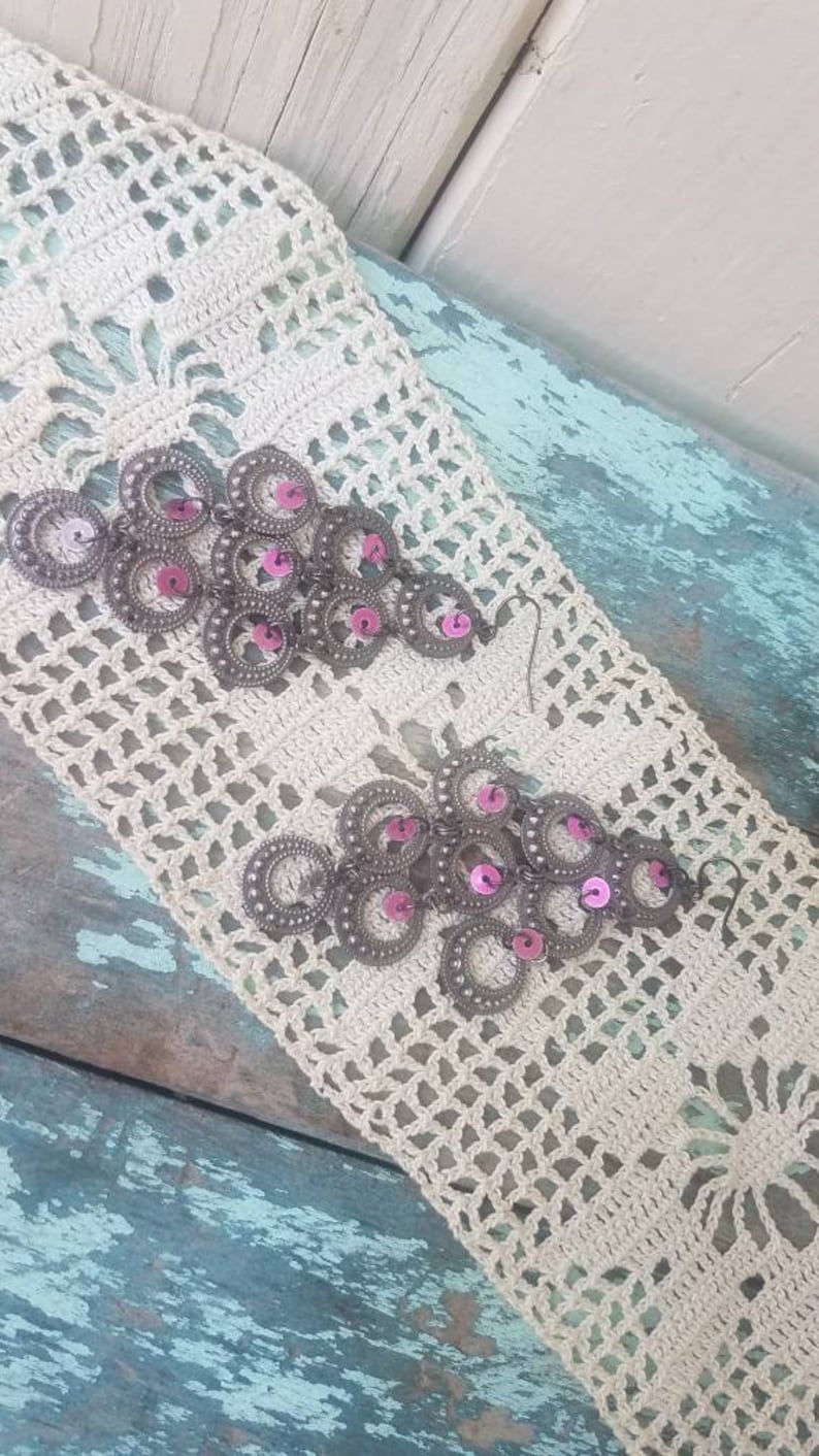 Vintage 90/'s Fashion Gunmetal Gray Purple Sequin Waterfall Earrings Long Statement Earrings Big Silver Gypsy Dangle Drop Earrings