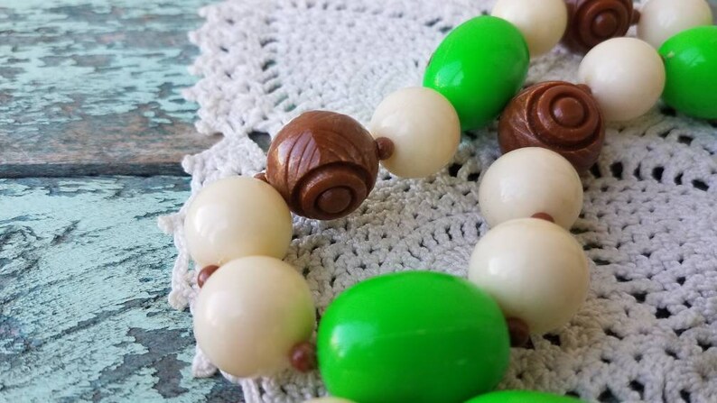 Beaded Long Vintage Fall Wedding Necklace Beaded Statement Necklace Chunky Green Brown Ivory Statement Necklace