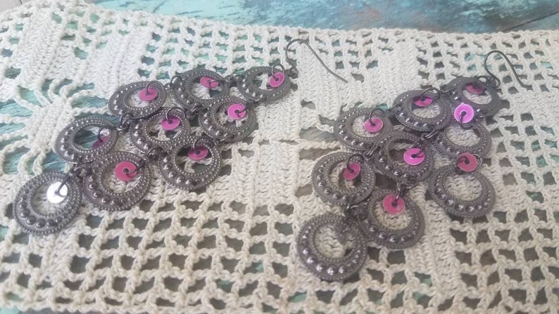 Vintage 90/'s Fashion Gunmetal Gray Purple Sequin Waterfall Earrings Long Statement Earrings Big Silver Gypsy Dangle Drop Earrings