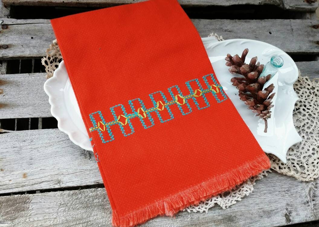 Vintage Orange Teal Huck Cloth Towel Retro Hand Stitched Etsy