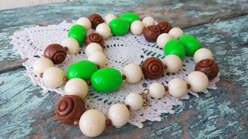 Beaded Long Vintage Fall Wedding Necklace Beaded Statement Necklace Chunky Green Brown Ivory Statement Necklace