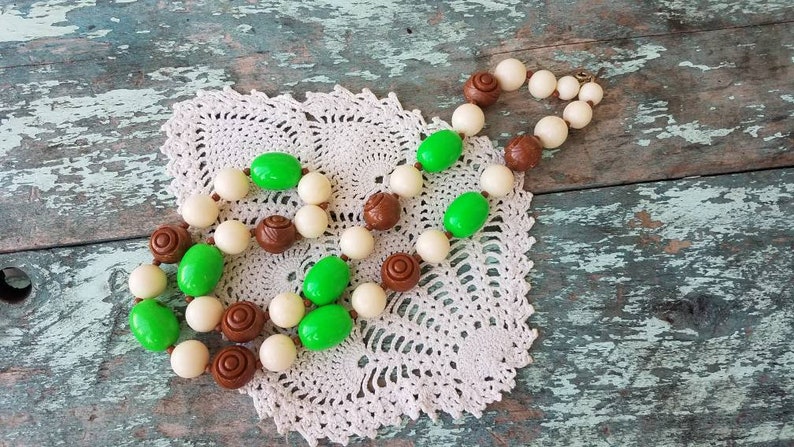 Beaded Long Vintage Fall Wedding Necklace Beaded Statement Necklace Chunky Green Brown Ivory Statement Necklace