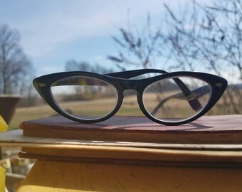 Black Cat Eye Glasses By Bausch + Lomb - 60's Trending Vintage Eyewear, Retro Black Cat Eye Eyeglasses, Fashion Eyewear, Bausch/Lomb Glasses