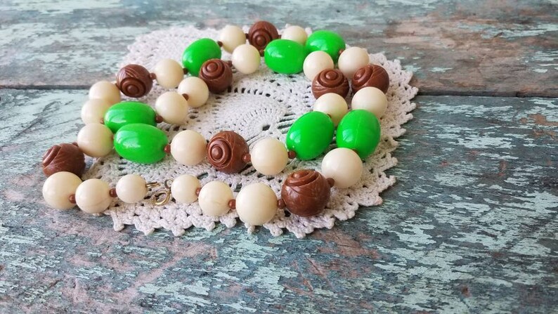 Beaded Long Vintage Fall Wedding Necklace Beaded Statement Necklace Chunky Green Brown Ivory Statement Necklace