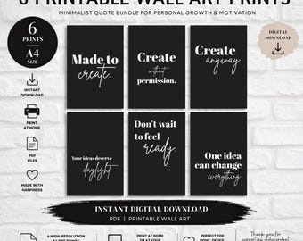 6 Minimalist Quote Prints | Black & White Wall Art Bundle (A4 PDF)
