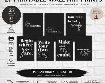 27 Minimalist Quote Prints | Black & White Wall Art Bundle (A4 PDF Download)